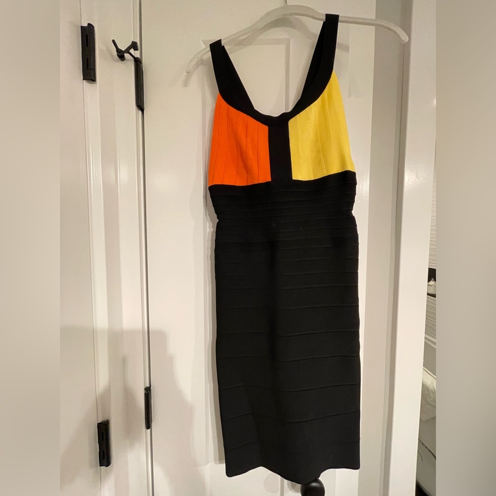Herve Leger bandage bodycon black orange yellow cocktail dress